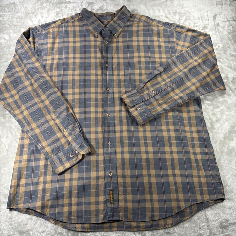 Timberland Mens XXL Blue Tan Plaid Cotton Button Down Long Sleeve Shirt Logo